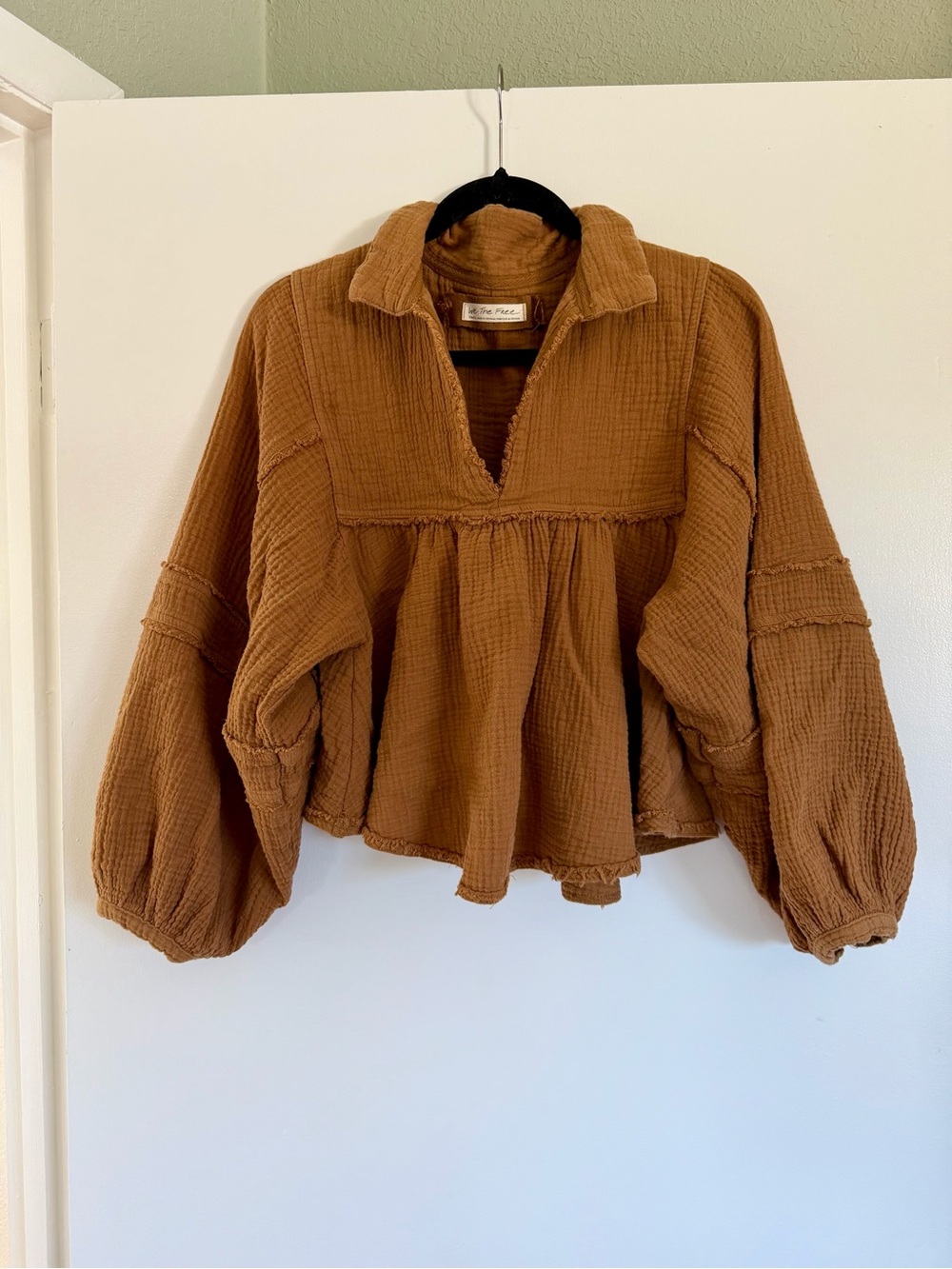 Free People We The Free “Silver Lining” Cotton Gauze Top Tobacco Brown Small
